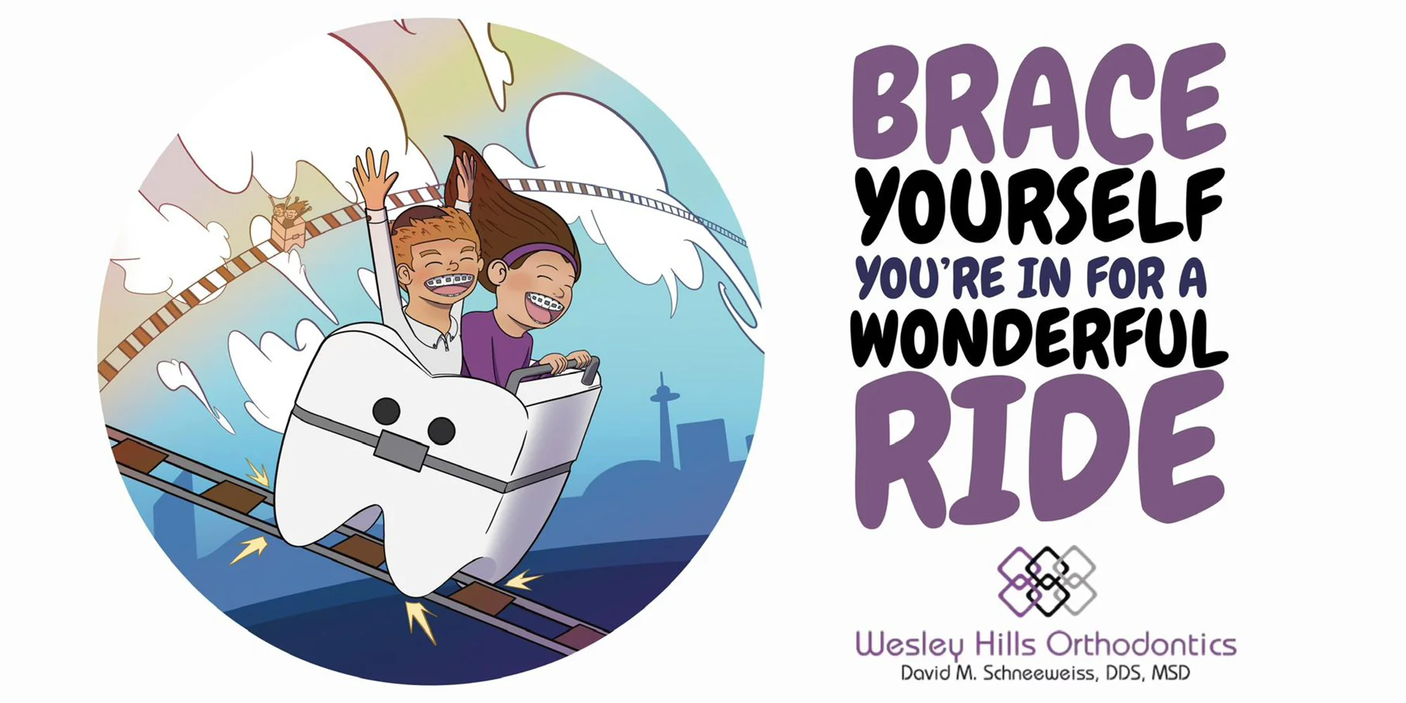 Orthodontist Monsey NY Brace Yourself Graphic Mobile Happy Children Riding In Tooth Rollercoaster Car "Brace Yourself You're In For A Wonderful Ride" Mobile Version